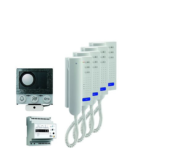 TCS audio:pack installation pour 4 unités résidentielles, avec haut-parleur intégré ASI12000 + 4x interphone ISH3030 + centrale BVS20, PAIH040/004