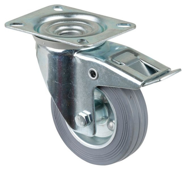 Rouleau de transport BS rollers avec frein, largeur 30 mm, Ø100 mm, jusqu'à 70 kg, bande de roulement en caoutchouc gris, roulement à rouleaux, plaque, lot de 2, L420.B56.100