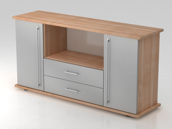 Buffet Hammerbacher 2 portes, 2 tiroirs, poignée de garde-corps noyer/argent, 166,1x44,8x84 cm (LxPxH), VSBTS/N/S/RE