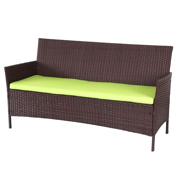 Banc de jardin 3 places en rotin synthétique Mendler Halden, banc, marron chiné, coussins verts, 64285