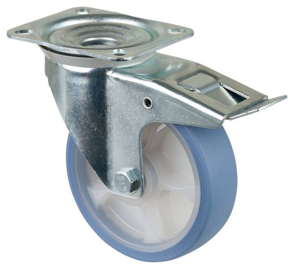 Roulette de transport pivotante BS Rollers avec frein, roue en caoutchouc thermoplastique, pneu bleu clair, roulement à rouleaux, plaque, 160 mm, lot de 2, L420.B44.161.05