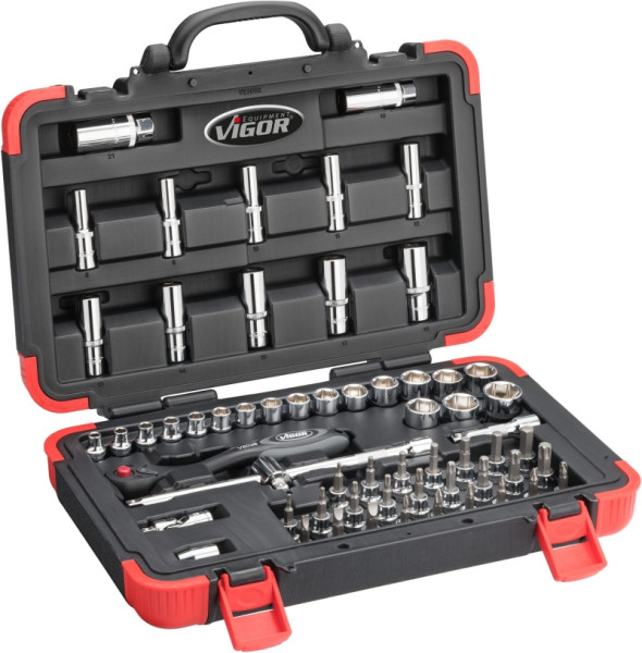 Jeu de clés à douilles VIGOR, nombre d'outils : 61, entraînement : carré creux 10 mm (3/8 pouce), V2305N