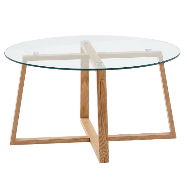 Wohnling table basse 78x78x41 cm table de canapé en bois de chêne massif/verre ronde, table de salon design moderne, table en bois table de chambre grande, WL6.495
