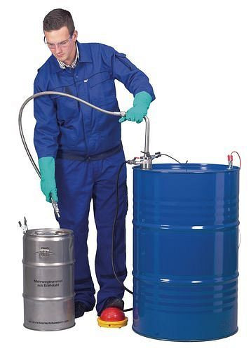 Pompe à solvant DENIOS en acier inoxydable, pour commande au pied avec tuyau de sortie, 201-951