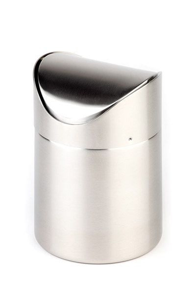 Poubelle de table APS, Ø 10 cm, hauteur : 13 cm, acier inoxydable, poli mat, couvercle basculant amovible, avec fermeture à baïonnette, 00027