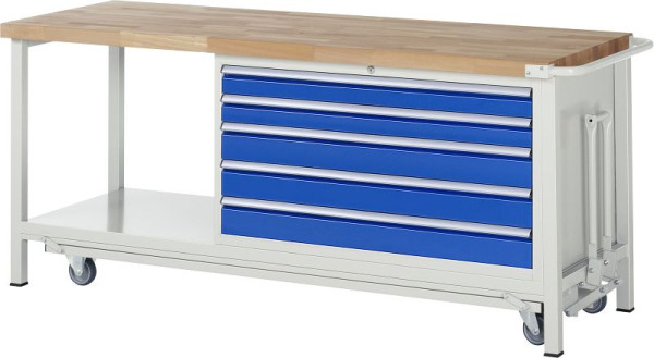 Etabli abaissable RAU 8000 - modèle 8371, L2000 x P700 x H880 mm, conteneur de sous-structure à droite, 5x tiroirs : 2xH90, 3xH120 mm, 05-8371A6-207B4F.11