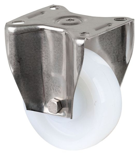 BS Rolls Roulette robuste en acier inoxydable, roulette fixe, largeur 35 mm, Ø100 mm, jusqu'à 300 kg, bande de roulement/corps de roue en plastique, roulement à rouleaux en acier inoxydable, HS110.B14.100