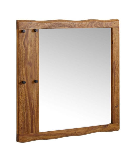 Wohnling Miroir Mural Sheesham Bois Massif 80x80x3 cm Miroir de Couloir Design Bord d'arbre, Miroir Suspendu Moderne avec Crochets, Grand Miroir Mural, WL6.547