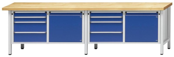 Établi d'armoire ANKE; 2 postes de travail; 2800x700 mm; RAL 7035/5010; A gauche 4 tiroirs 90, 90, 180, 180 mm; Droite 1 porte