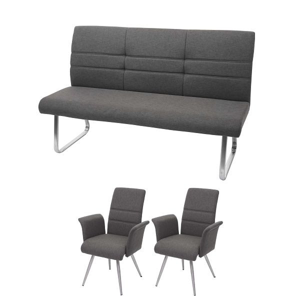 Mendler Set 2x chaise de salle à manger + banc HWC-G55, banc chaise de cuisine + accoudoir, tissu / textile acier inoxydable, banc gris-marron 180cm, 73577 + 73578 + 71709