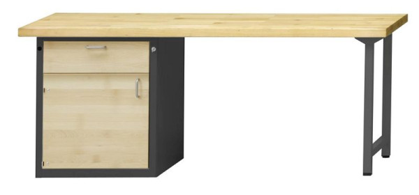 Établi combiné ANKE; 2000x700 mm; RAL 7016 / hêtre ciré naturel; Hêtre plaque solide; Armoire de socle gauche 660x615 mm, 1 tiroir; 1 porte