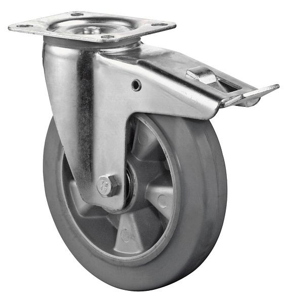 Rouleau de transport BS rollers avec frein, largeur 50 mm, Ø200 mm, jusqu'à 300 kg, pneus élastiques gris, corps de roue en aluminium, roulements à billes, L420.B83.200