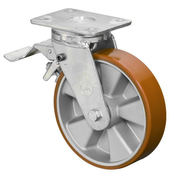 Roulettes BS Roulette robuste avec roue/blocage, B50 mm, Ø200 mm, jusqu'à 800 kg, polyuréthane superficiel moulé 95 Shore A, aluminium, roulement à billes, RR120.B90.200