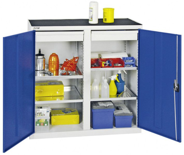 armoire à outils et matériaux contondants série 2000, 7035/5010, 2 tiroirs, cloison centrale, 4 étagères, 2002274