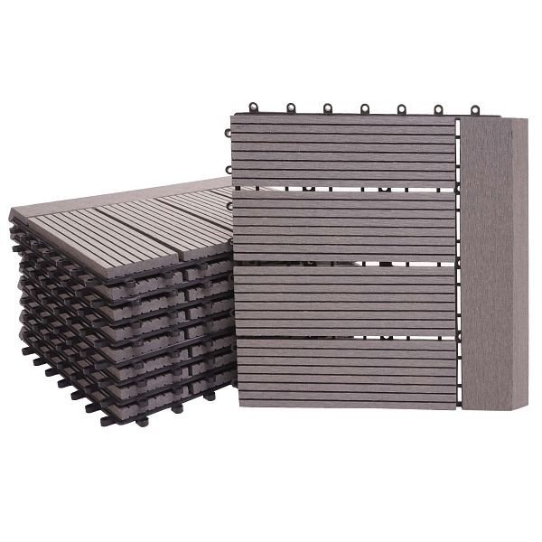 Carrelage de sol Mendler WPC Rhône + finition, aspect bois balcon/terrasse, 11x chaque 30x30cm = 1m² Premium, gris linéaire horizontal, 77621