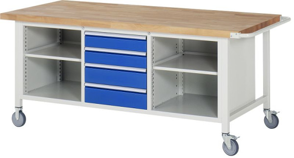 Etabli mobile RAU modèle 8566, L2000xP900xH880-1080mm, gauche : étagère, milieu : 2x120, 2x150mm, droite : étagère, 05-8566A2-209B4H.11