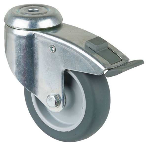 Roulettes BS Roulettes pour matériel lourd avec frein, largeur 30 mm, Ø100 mm, jusqu'à 80 kg, bande de roulement caoutchouc gris, palier lisse, lot de 4, C121.A80.100