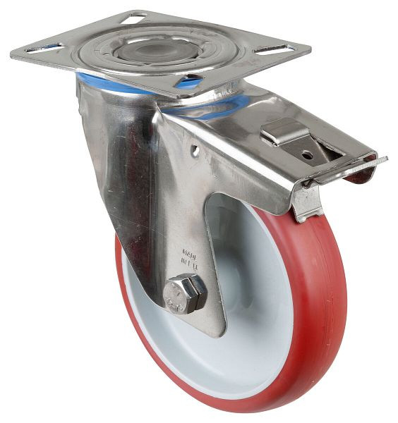 Rouleau de transport en acier inoxydable avec frein, W35 mm, Ø150 mm, jusqu'à 200 kg, polyuréthane rouge, corps en plastique, palier lisse, plateau, H120.B26.150