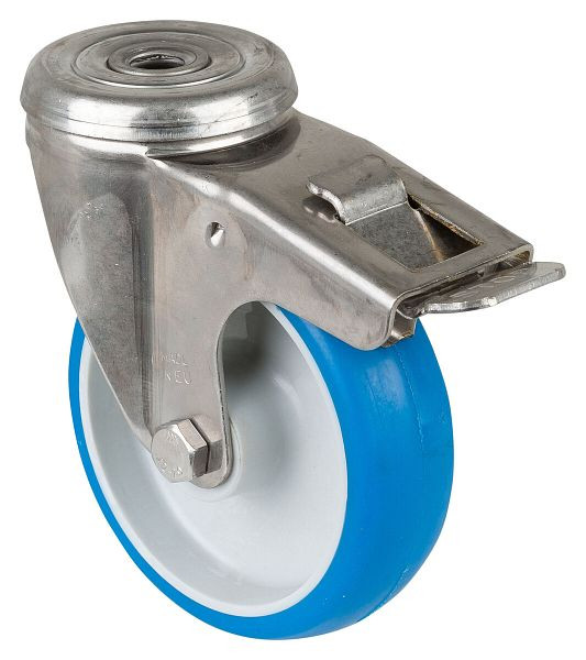 Rouleau de transport en acier inoxydable avec frein BS rollers, W32 mm, Ø100 mm, jusqu'à 110 kg, surface en polyuréthane bleu, corps en plastique, palier lisse, H121.B32.100