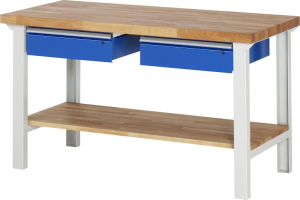 Etabli RAU série 7000 - conception modulaire, 2 tiroirs bas, étagère en hêtre massif, 1500x840x700 mm, 03-7002A7-157B4S.11