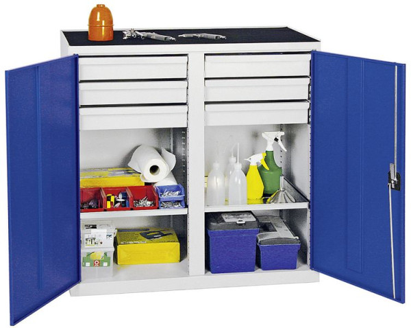 armoire à outils et matériaux contondants série 2000, 7035/5010, 6 tiroirs, cloison centrale, 2 étagères, 2002674