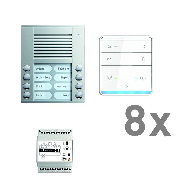 Système de commande de porte audio TCS : pack AP pour 8 unités résidentielles, avec poste extérieur PES 8 boutons de sonnerie, 8x haut-parleur mains libres ISW5010, unité de contrôle BVS20, PAAF082 / 003