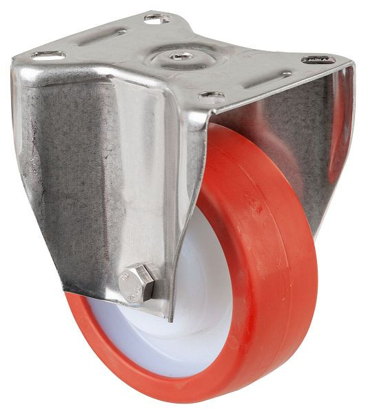 Roulettes BS roulette fixe pour charges lourdes en inox, inox, roue en polyuréthane rouge à palier lisse, plaque à visser, diamètre 100 mm, HS110.B27.100