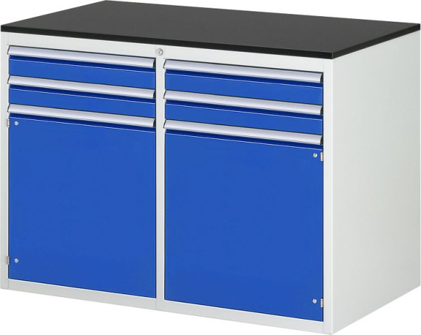 Armoire à tiroirs RAU 7000, L1145xP650xH820mm, gauche : tiroirs 2x90mm, porte battante, droite : tiroirs 2x90mm, porte battante, revêtement en résine mélamine, 03-LL5.7.7AM.11