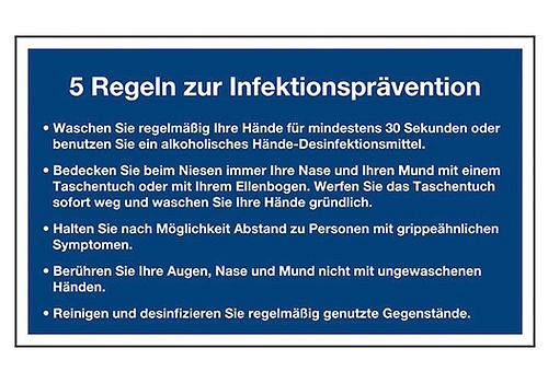 Notice DENIOS "5 règles pour la prévention des infections", film, 200 x 120 mm, bleu, 273-302