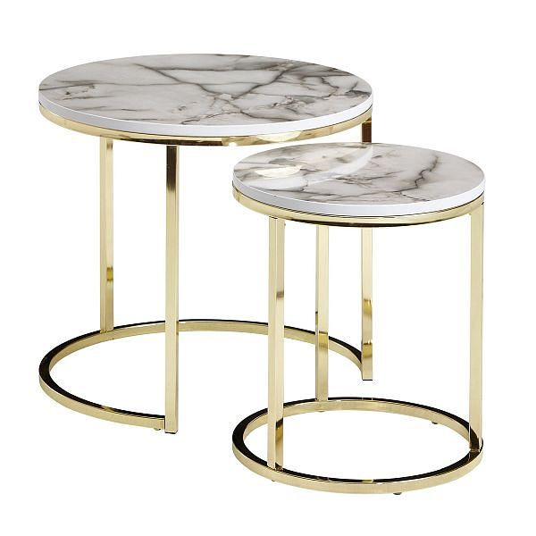 Wohnling Design - Lot de 2 tables d'appoint rondes aspect marbre blanc, WL6.252