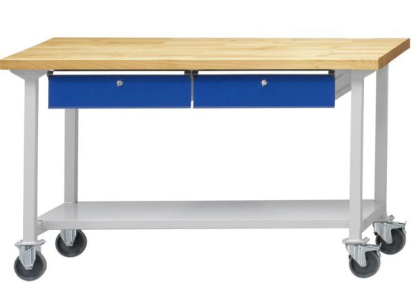 Table de travail ANKE; mobile; 1500x700 mm; RAL 7035/5010; 2xHängeschublade; 1x étagère de rangement en tôle d'acier de 500 mm de profondeur