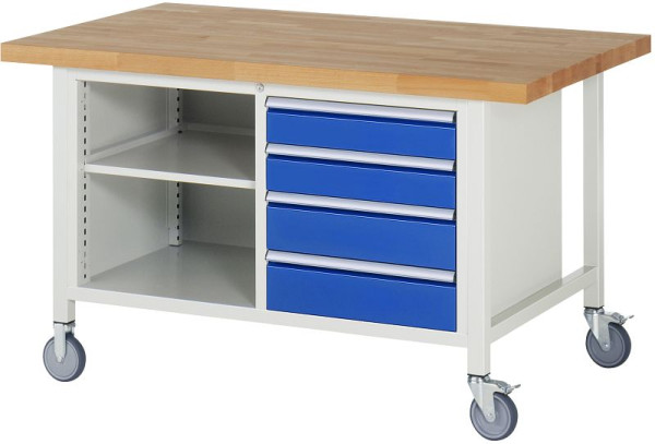 Etabli mobile RAU 8000 - modèle 8463, L1500xP900xH880mm, conteneur double structure, gauche : étagère, droite : tiroirs : 2xH120, 2xH150mm, 05-8463A2-159B4S.11