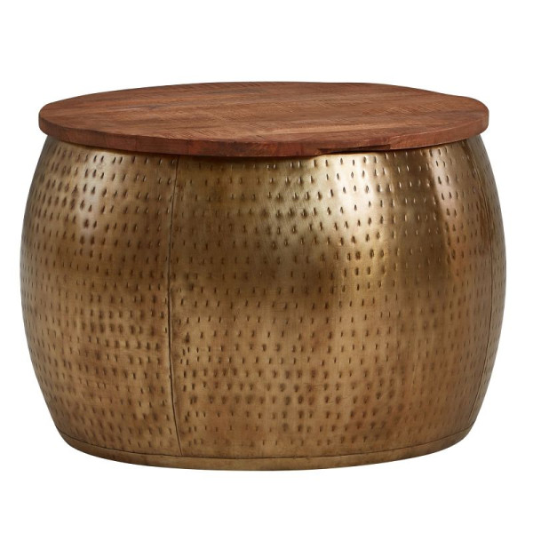 Wohnling Table Basse en Bois Massif de Manguier et Métal 60x60x40 cm Doré Rond avec Espace de Rangement, Table de Salon Design Plateau Amovible, WL6.705