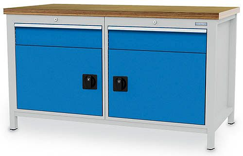 Établi à caissons Bedrunka+Hirth largeur 1500 mm, R24-24, 2 x tiroirs, 2 x portes battantes Dimensions en mm (LxPxH) : 1500 x 750 x 859, 03.15.01VA