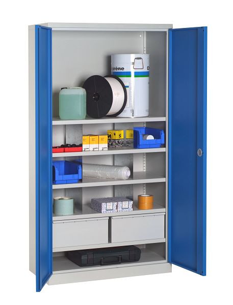 Meuble d'atelier équipé SOFAME L 1000 x P 500 x H 1950 mm, avec 2 tiroirs (L445XH210) + 5 étagères, bleu ciel RAL 5015, W030090032GCBI