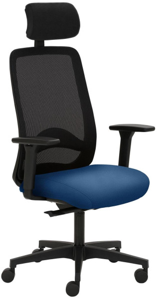 Chaise pivotante Mayer Sitzmöbel , piètement en plastique, accoudoirs réglables en hauteur, appui-tête rembourré, dossier en résille, bleu, 2228_AV1D_KS_SYM++_30612