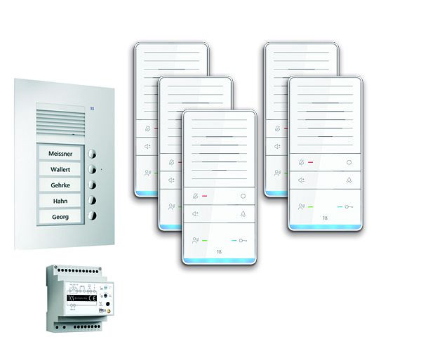 Système de commande de porte audio TCS : pack UP pour 5 unités résidentielles, avec poste extérieur PUK 5 boutons de sonnerie, 5x haut-parleur mains libres ISW5031, unité de commande BVS20, PAUF051 / 001