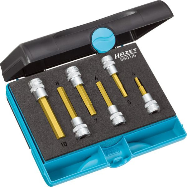 Jeu de douilles tournevis Hazet, carré creux 10 mm, profil à six pans creux, nombre d'outils : 6, version courte avec moletage, 8801/6