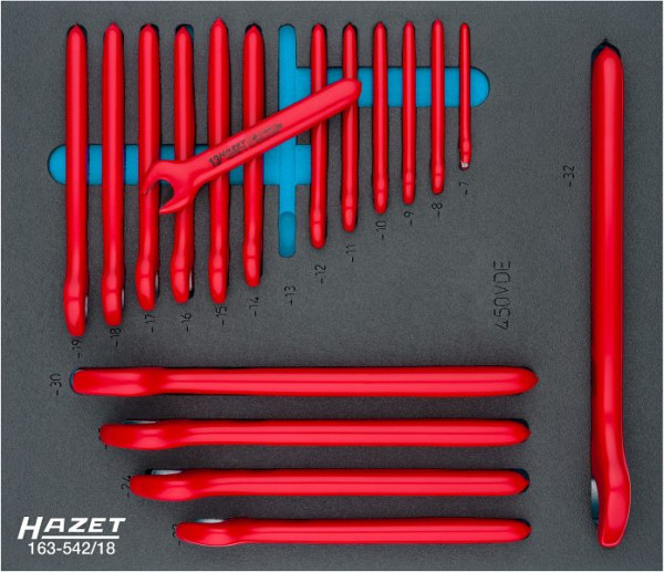 Jeu de clés à fourche Hazet, double isolation, profil hexagonal extérieur, 7 - 32, nombre d'outils : 18, 163-542/18