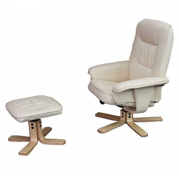 Mendler fauteuil relax fauteuil TV fauteuil avec tabouret M56 simili cuir, crème, 14027
