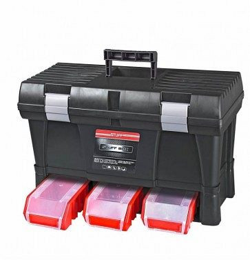 ADB Toolbox Stuff Module System Semi Profi Aluminium, dimensions du boîtier LxPxH : 525x256x325 mm, couleurs des boîtes empilables : rouge, couleur de la mallette à outils : noir, 15518