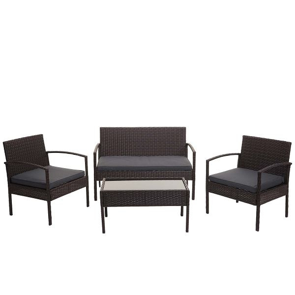 Ensemble en polyrotin Mendler HWC-F56, ensemble balcon/jardin/salon, marron, coussins gris foncé, 76126