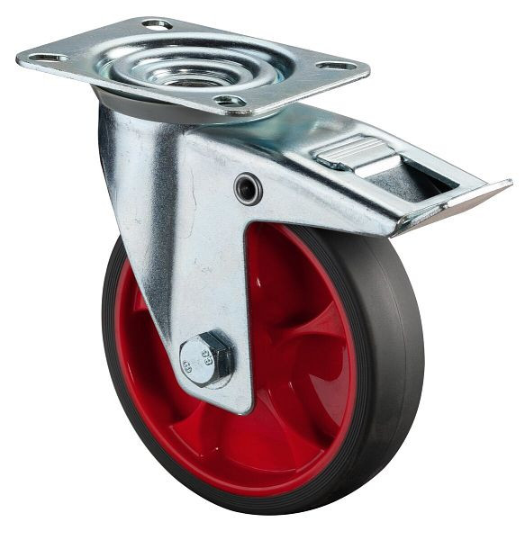 Roulette de transport à roulettes BS roulette pivotante avec frein, roue en caoutchouc thermoplastique, pneu gris, roulement à rouleaux, platine : 125 mm, pack : 2 pièces, L420.B44.126.03
