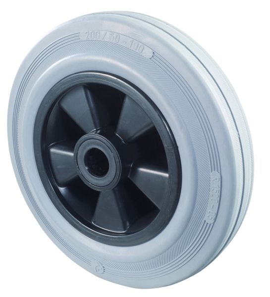 Roue en caoutchouc BS Wheels, largeur de roue 50 mm, Ø de roue 200 mm, capacité de charge 205 kg, bande de roulement en caoutchouc gris, corps de roue en plastique, roulement à rouleaux, lot de 2, B46.200