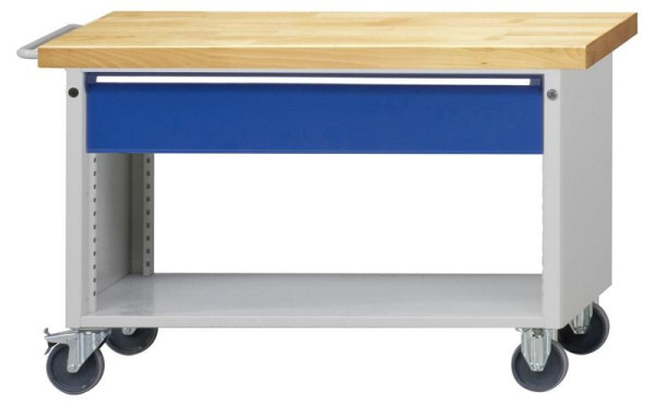 Chariot d'atelier ANKE; 1140x650x790 mm; RAL 7035/5010; Plateau en hêtre massif 40 mm; Boîtier monobloc (ouvert à l'arrière); 1x tiroir continu 180 mm, 460.053
