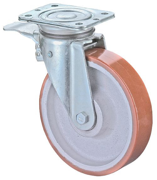 Roulettes BS Roulette robuste avec frein, largeur 50 mm, Ø200 mm, jusqu'à 600 kg, polyuréthane coulé 95 Shore A, corps de roue coulé, roulement à billes, N120.C10.203