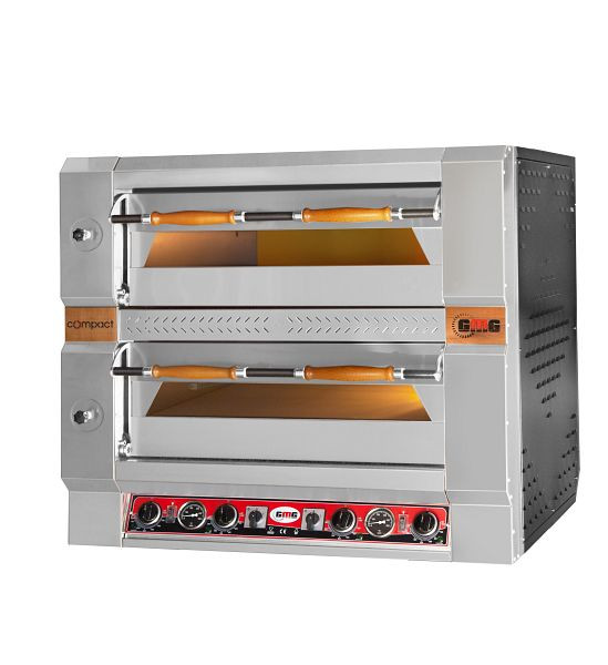 Four à pizza GMG Compact U, 9+9x Ø 30 cm, 16 kW 400V, élément de commande en bas, avec base en brique réfractaire, 2 chambres de cuisson, PCU9292