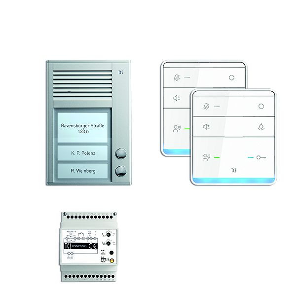 Système de commande de porte audio TCS : pack AP pour 2 unités résidentielles, avec poste extérieur PAK 2 boutons de sonnerie, 2x haut-parleur mains libres ISW5010, unité de contrôle BVS20, PSC2320-0000