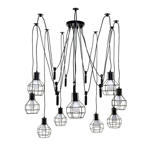 Suspension Mendler HWC-H85, lampe suspendue suspension, métal industriel réglable en hauteur noir, abat-jour en treillis 9x, 74197