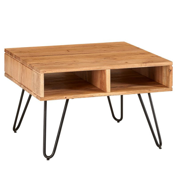 Wohnling table basse 60x60x40 cm bois d'acacia massif/métal table de canapé design carrée, table de chambre en bois avec espace de rangement, WL6.367